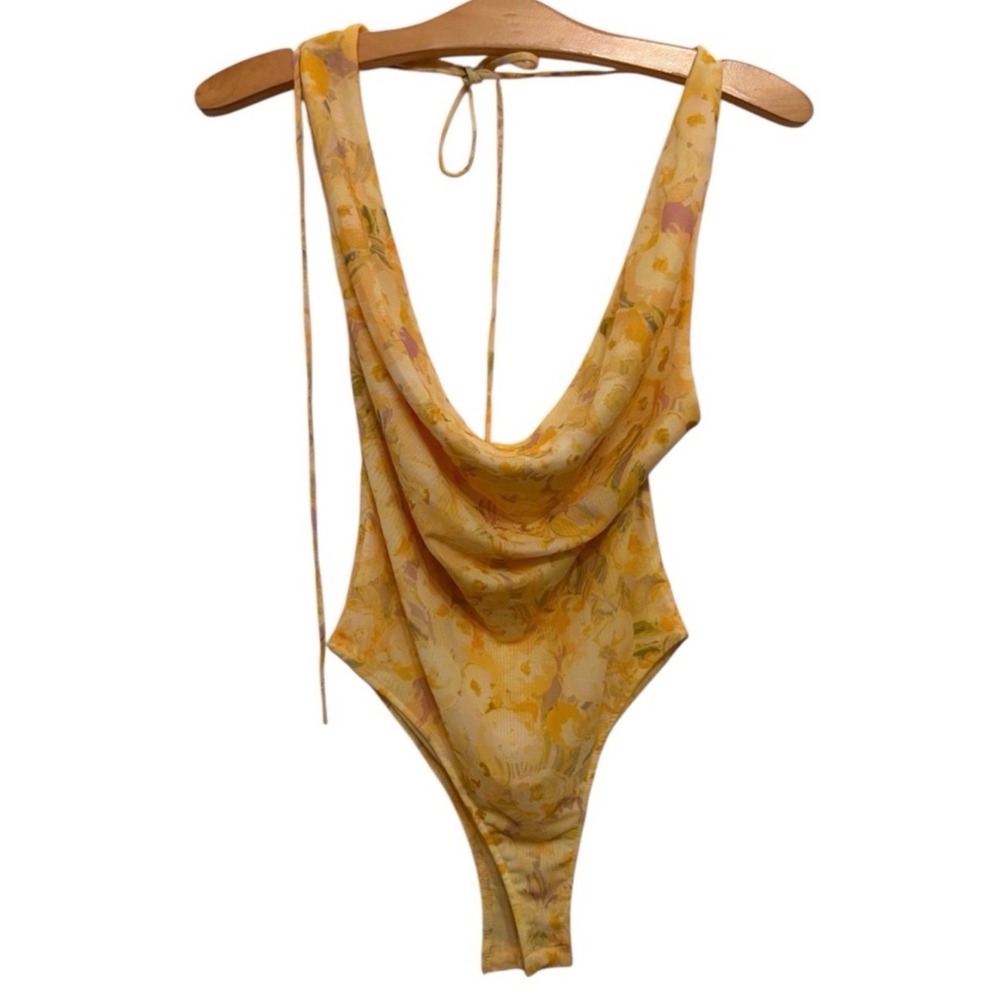 Zara Floral Mesh Halter Bodysuit Cowl Neck  Fairycore Y2K Style Summer Yellow M